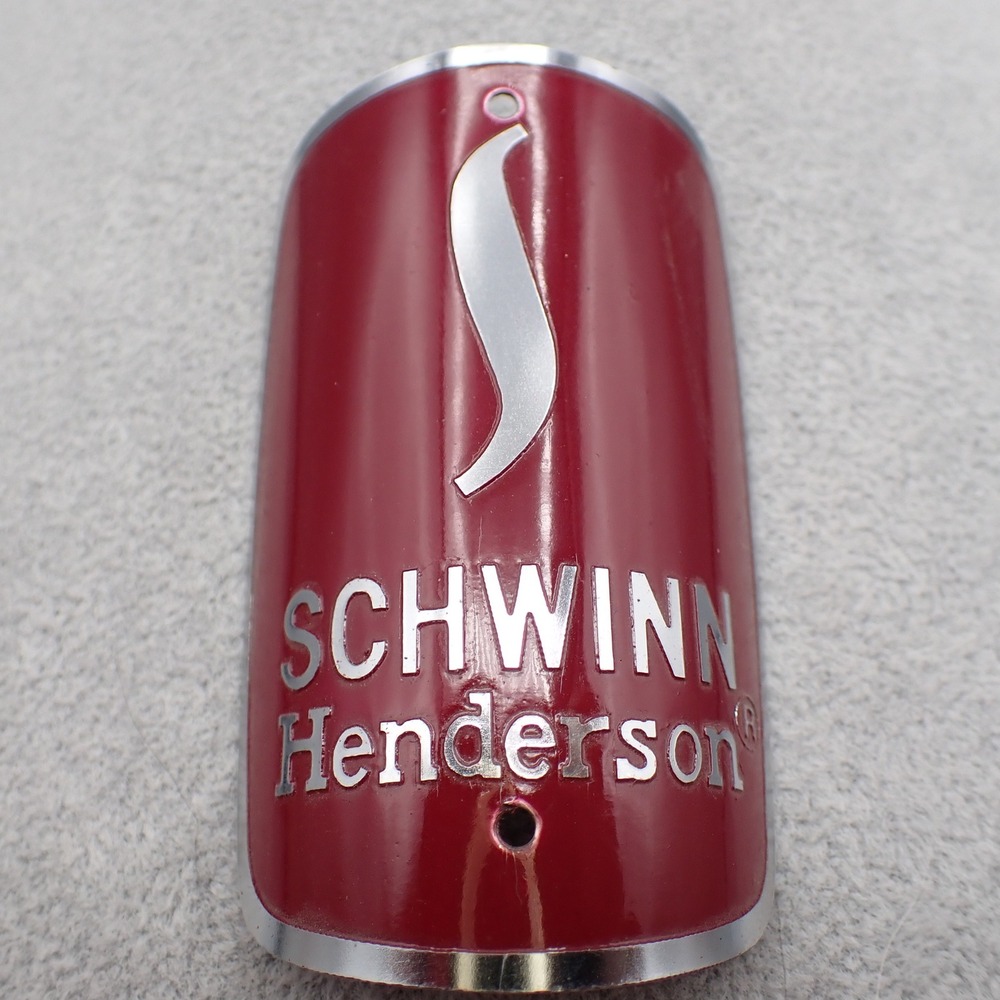 Schwinn Henderson Bicycle Head Badge Maroon Red Silver Metal Logo Emblem READ